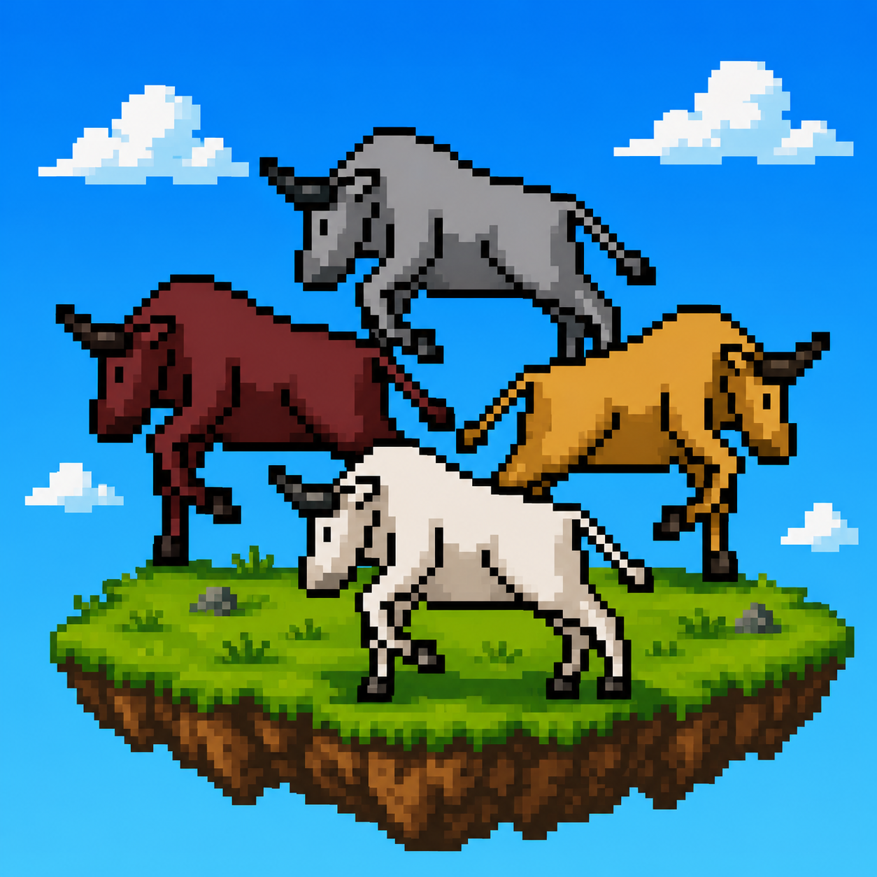Bull Racing — four pixel bulls on a floating island